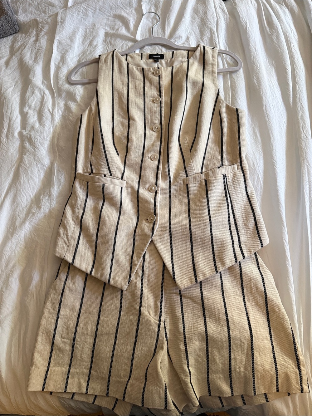 Express Beige and Black Striped Button-Front Vest & Shorts - Women